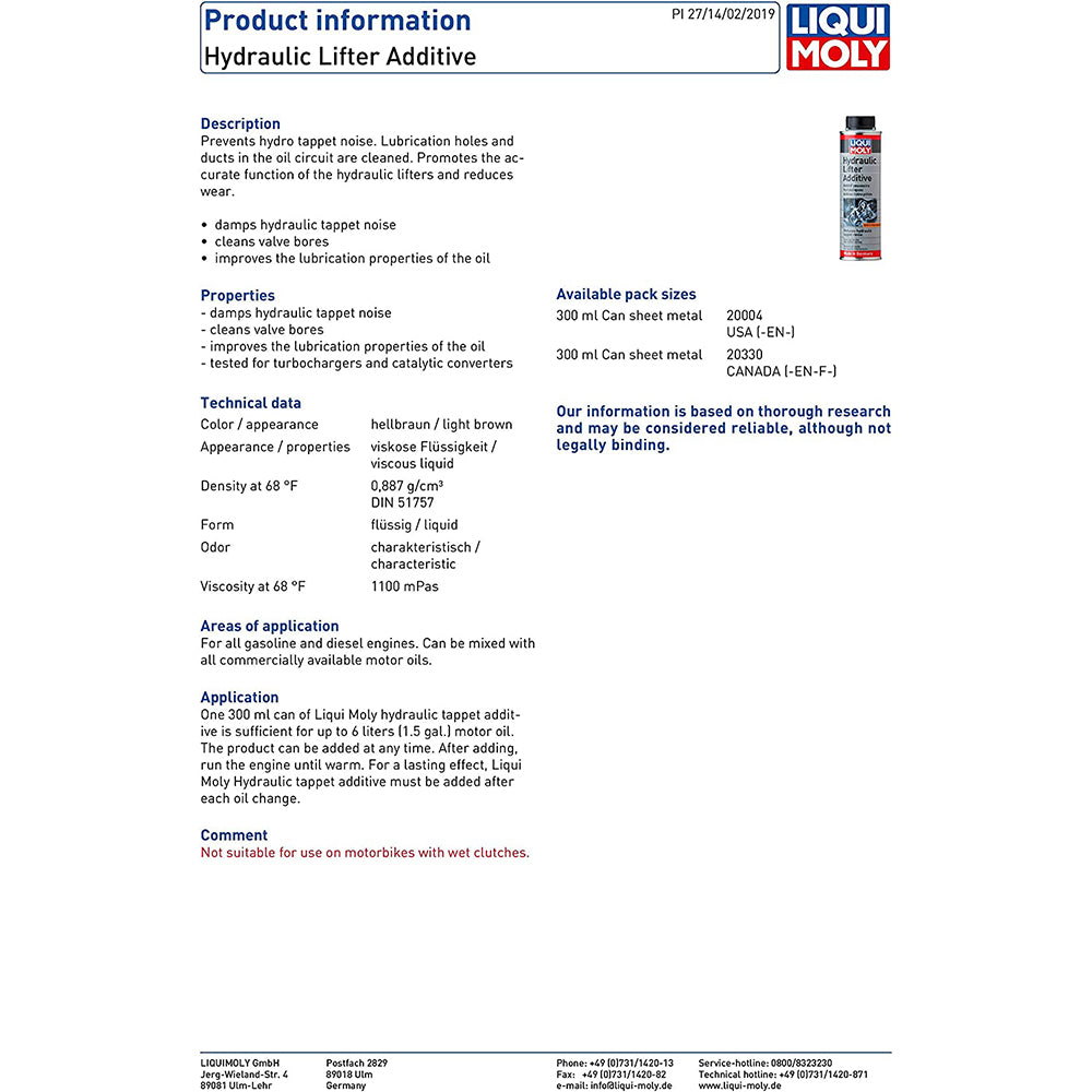 LIQUIMOLY 20004 Hydraulic Lifter Additive