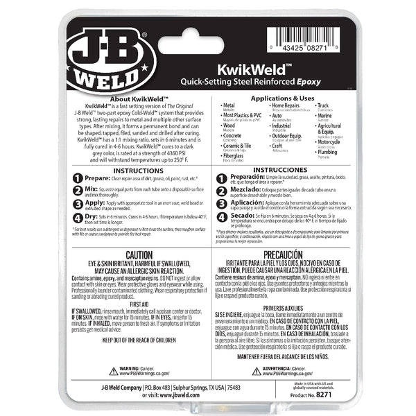 J-B Weld 8271 KwikWeld Professional 10 oz — rear packaging with directions and safety information