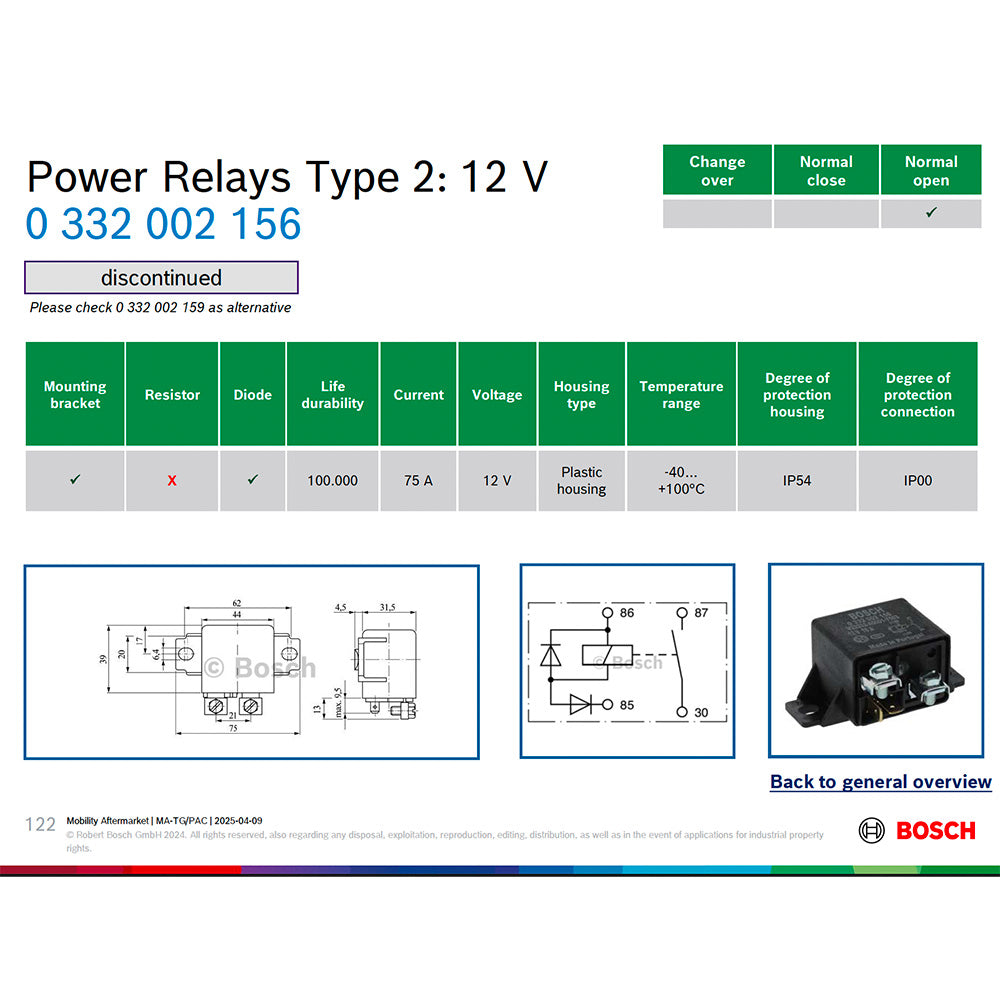 (Discontinued) Bosch 0332002156 Normal Open Power Relays - 12 V, 75 A (Alternative model 0332002159)