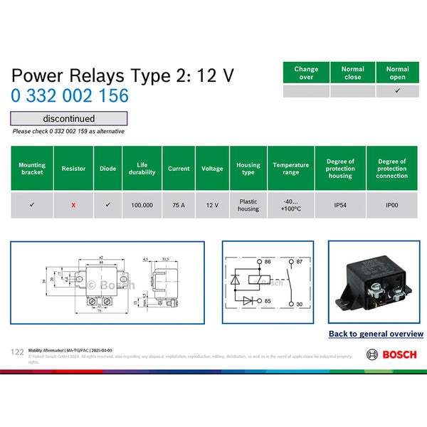 (Discontinued) Bosch 0332002156 Normal Open Power Relays - 12 V, 75 A (Alternative model 0332002159)