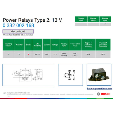 Bosch 0332002168 Normal Open Power Relays, 12V, 75A, 4 Contacts, Resistor (Replaced by 0332002159)