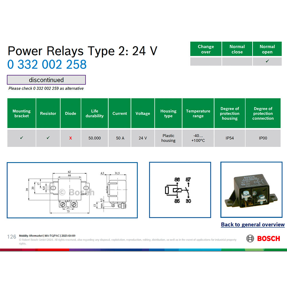 Bosch 0332002258 Normal Open Power Relays, 24V, 50A, Resistor (Check alternative model 0332002259)