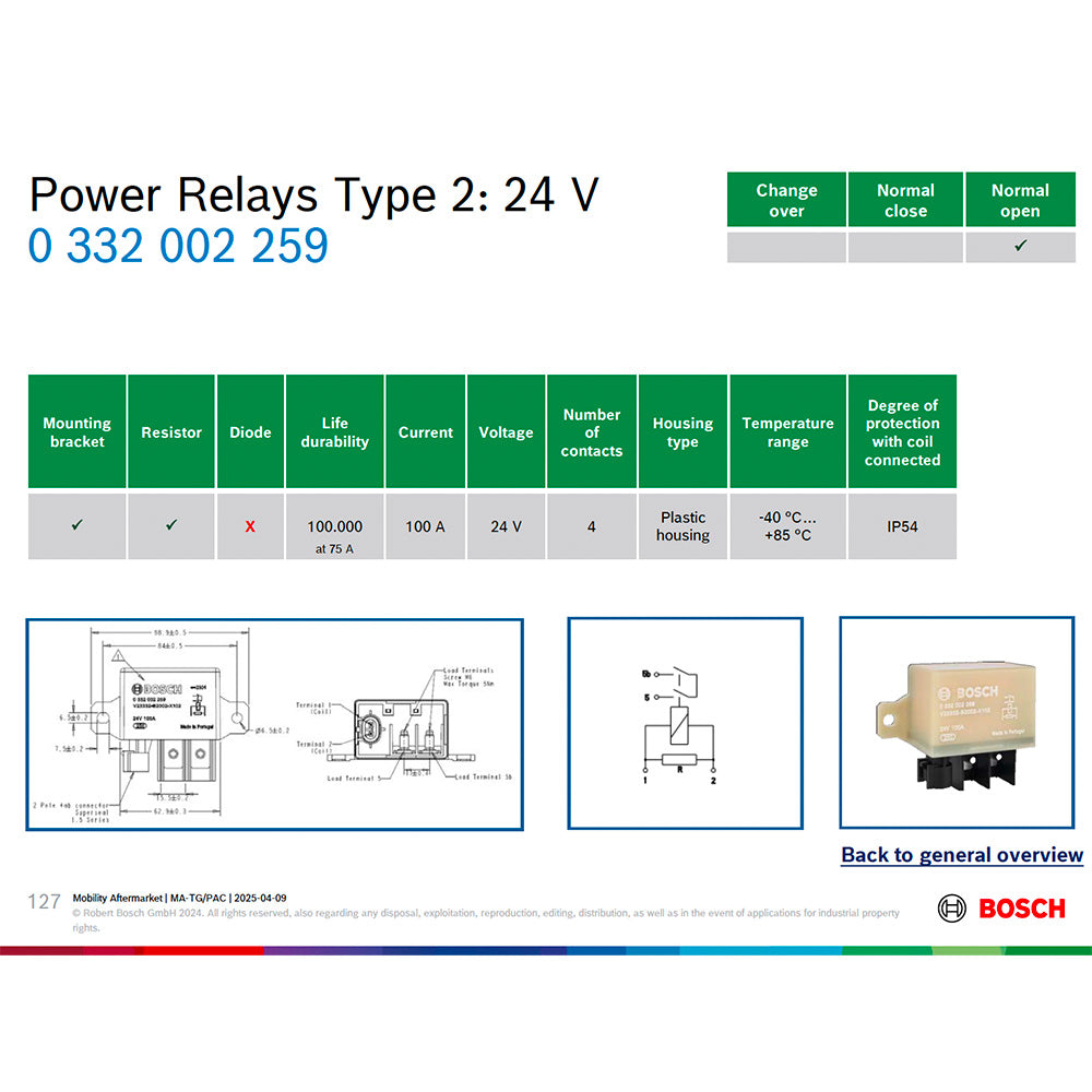 Bosch 0332002258 Normal Open Power Relays, 24V, 50A, Resistor (Check alternative model 0332002259)