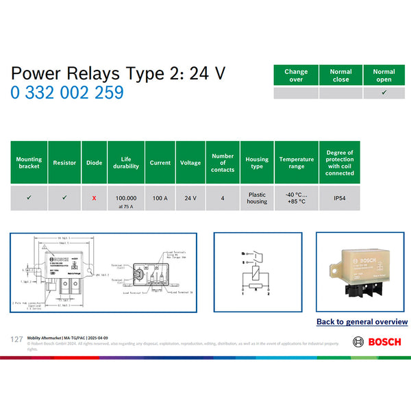 Bosch 0332002258 Normal Open Power Relays, 24V, 50A, Resistor (Check alternative model 0332002259)