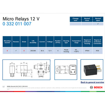 Bosch 0332011007 Normal Open Micro Relay, Resistor, 4 Pins 12 V, 30 A