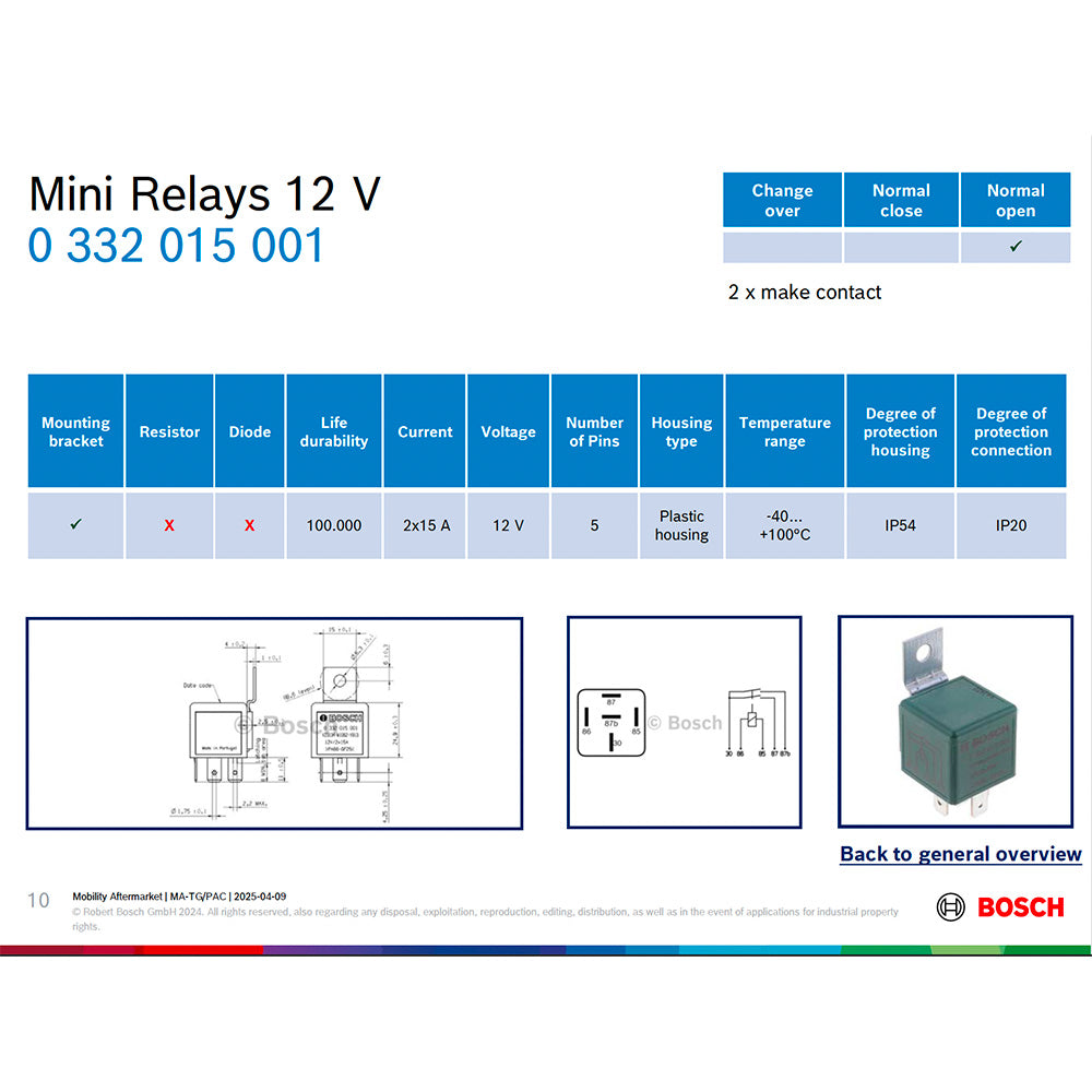 Bosch 0332015001 Normal Open Mini Relay, 5 Pins 12V 2x15 A