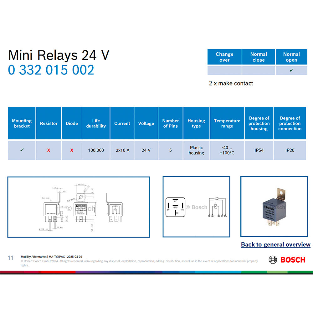Bosch 0332015002 Normal Open Mini Relay, 5 Pins 24V 2x10 A