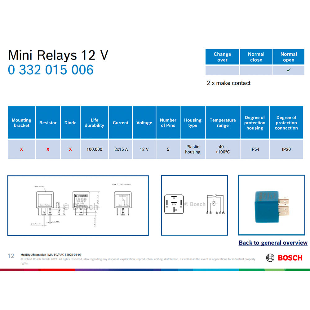 Bosch 0332015006 Normal Open Mini Relay, 5 Pins 12V 2x15 A