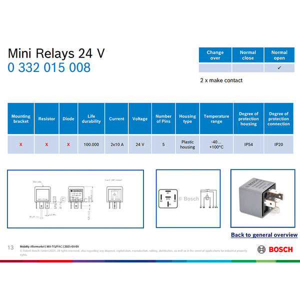 Bosch 0332015008 Normal Open Mini Relay, 5 Pins 24V 2x10 A