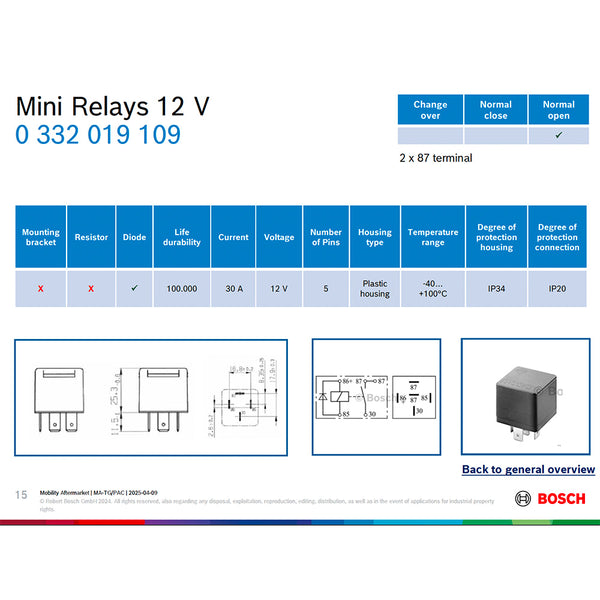 Bosch 0332019109 Normal Open Mini Relay, Diode, 5 Pins 12V 30A