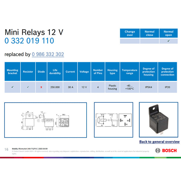 Bosch 0332019110 Normal Open Mini Relay, Resistor 4 Pins, 12 V, 30 A (Superseded to 0986332302)