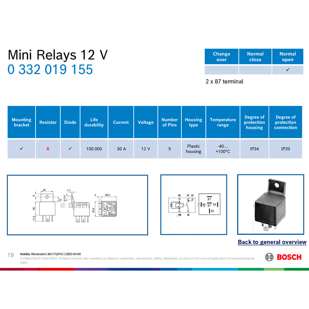BOSCH 0332019155 Normal Open Mini Relay - 5 Pins, 12 V, 30 A, Diode