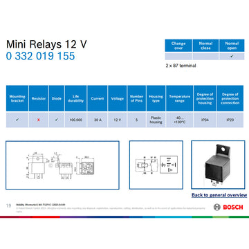 BOSCH 0332019155 Normal Open Mini Relay - 5 Pins, 12 V, 30 A, Diode