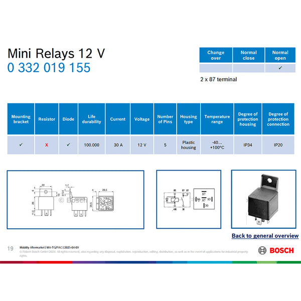 BOSCH 0332019155 Normal Open Mini Relay - 5 Pins, 12 V, 30 A, Diode