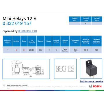 BOSCH 0332019157 Normal Close Mini Relay - 4 Pins, 12 V, 30A (Superseded to 0986332210)