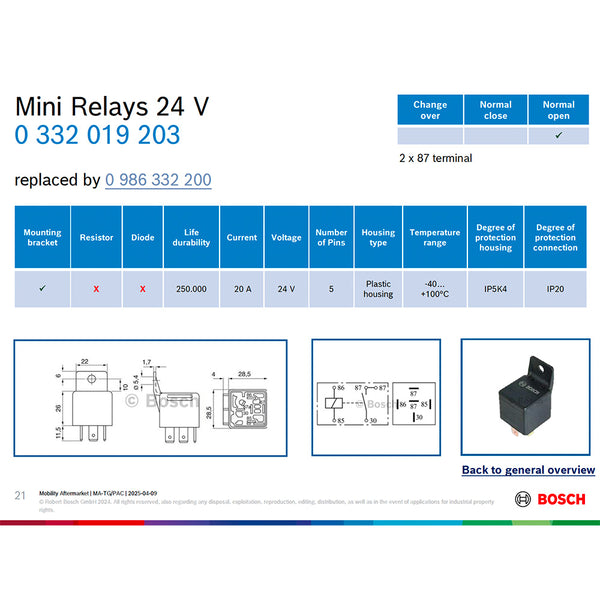 BOSCH 0332019203 Normal Open Mini Relay, 5 Pins, 24 V, 20 A (REPLACE BY 0986332200)