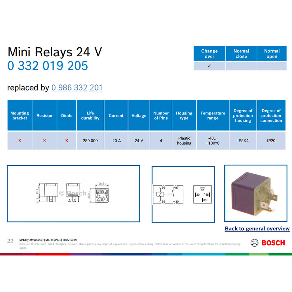 BOSCH 0332019205 Change Over Mini Relay, 4 Pins, 24 V, 20 A (Superseded by 0986332201)