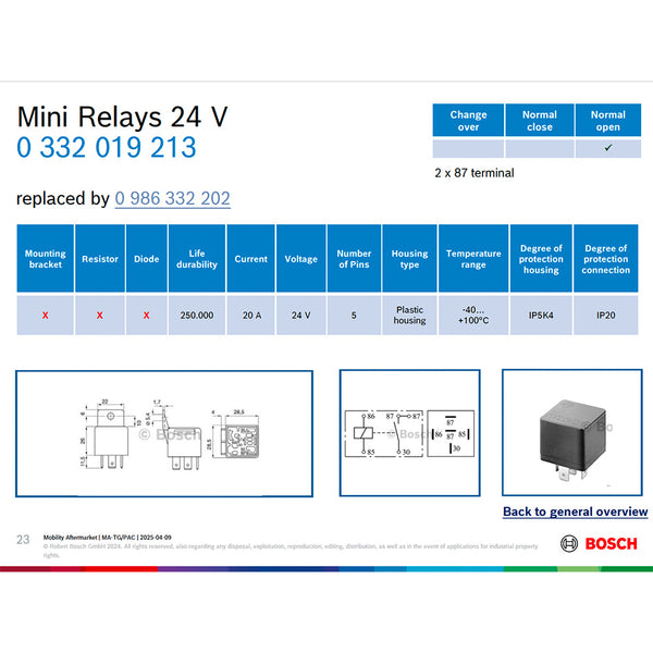 BOSCH 0332019213 Normal Open Mini Relay, 5 Pins, 24 V, 20 A (Superseded by 0986332202)