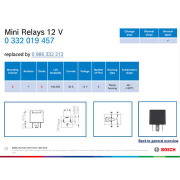 BOSCH 0332019457 Normal Open Mini Relay, Resistor, 4 Pins, 12 V, 30 A (SUPERSEDED TO 0986332212)