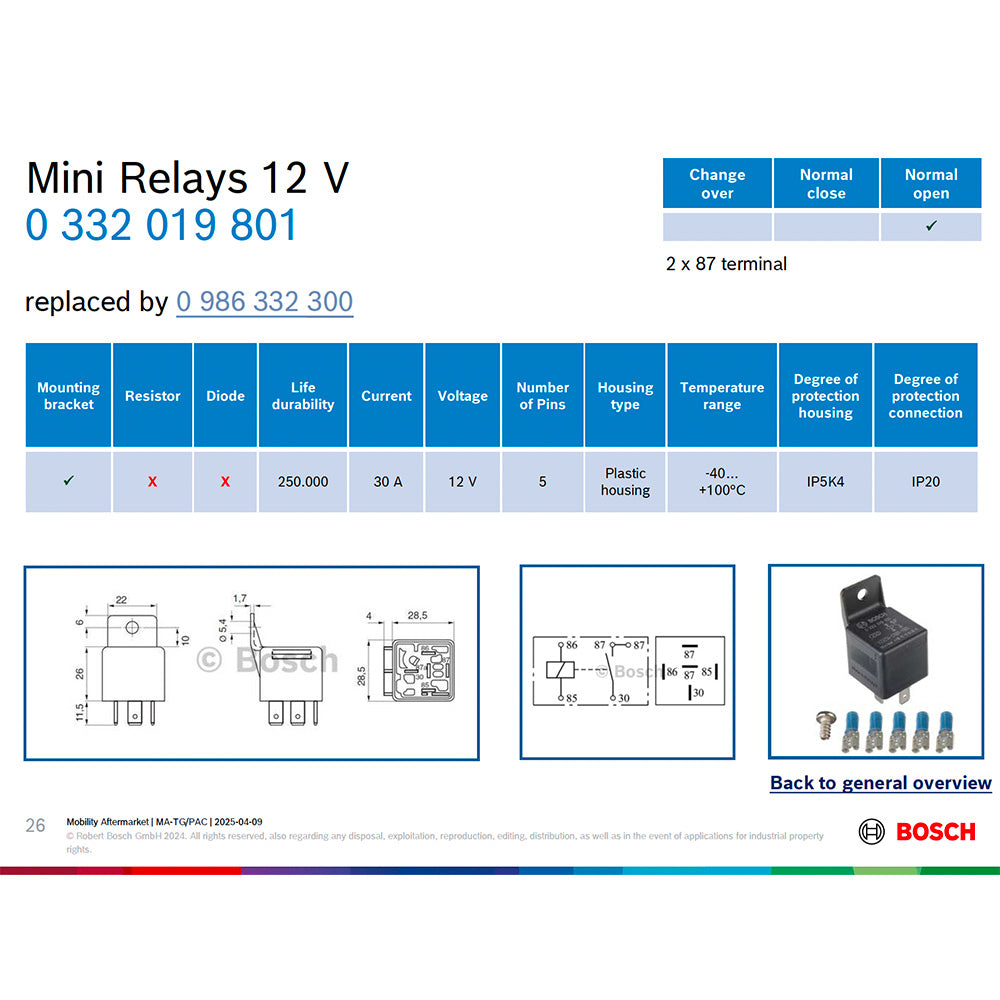 BOSCH 0332019801 Normal Open Mini Relay, 5 Pins, 12 V, 30 A (SUPERSEDED TO 0986332300)