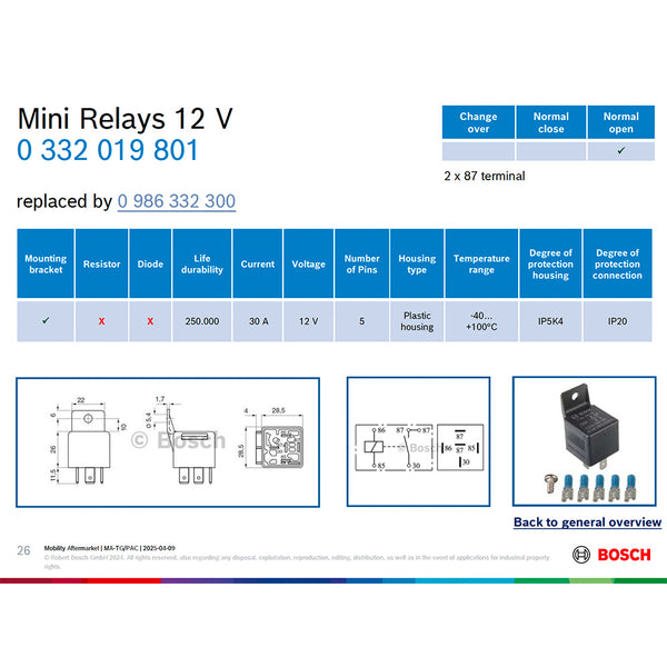 BOSCH 0332019801 Normal Open Mini Relay, 5 Pins, 12 V, 30 A (SUPERSEDED TO 0986332300)
