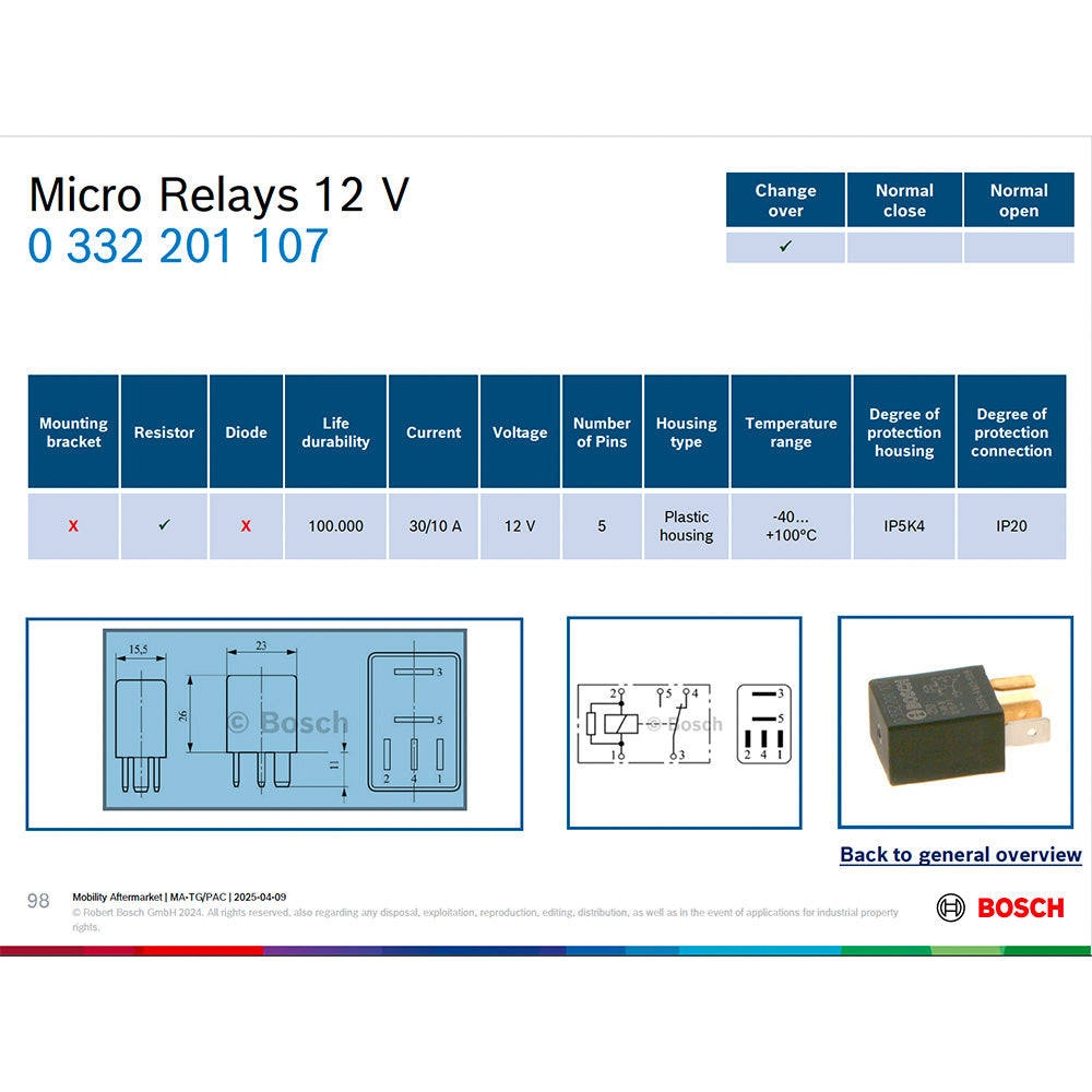 BOSCH 0332201107 Changeover Micro Relay - 5 Pins, 12 V, 30/10 A
