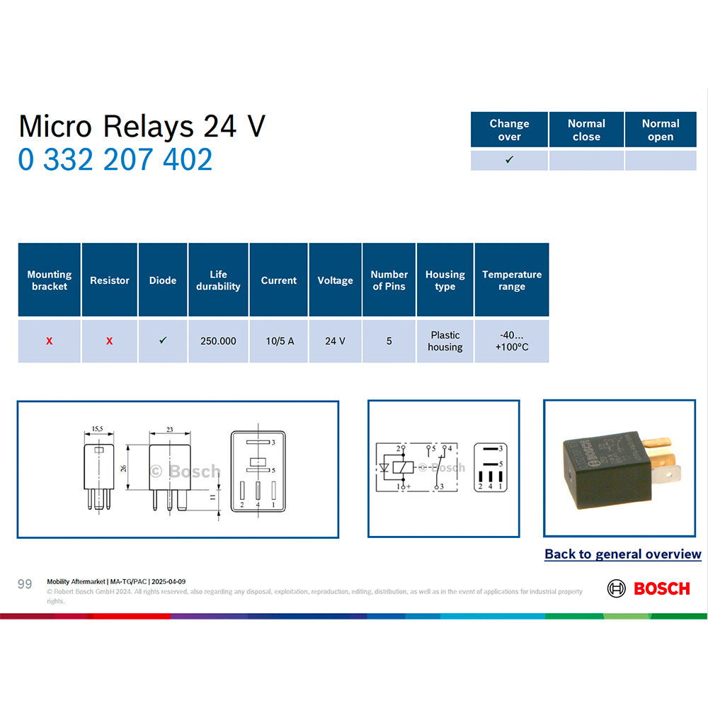 BOSCH 0332207402 Changeover Micro Relay, 5 Pins, 24 V, 10/15 A, Diode