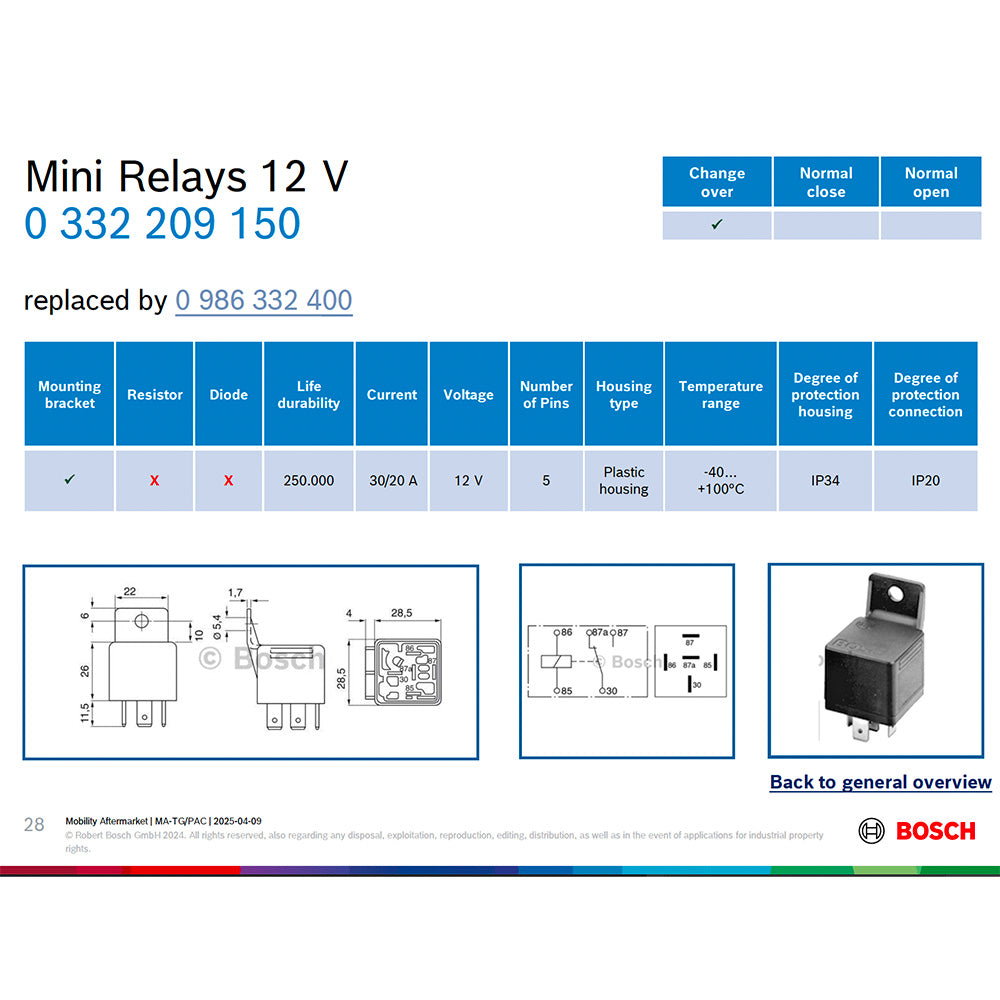 BOSCH 0332209150 Changeover Mini Relay - 5 Pins, 12 V, 30/20 A (SUPERSEDED BY 0986332400)