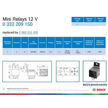 BOSCH 0332209150 Changeover Mini Relay - 5 Pins, 12 V, 30/20 A (SUPERSEDED BY 0986332400)