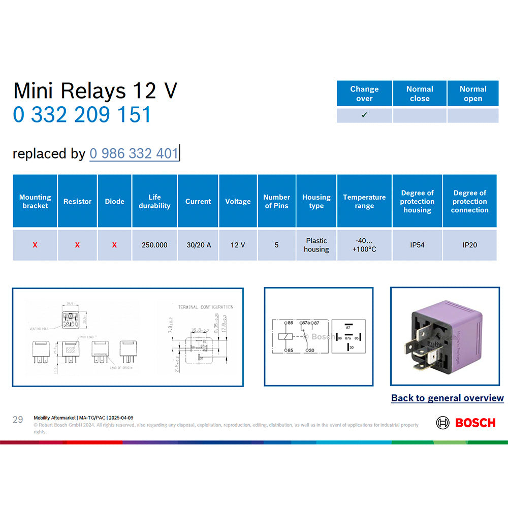 Bosch 0332209151 Change Over Mini Relay, 12 V, 30/20 A, 5 Pins (Superseded by 0986332401)