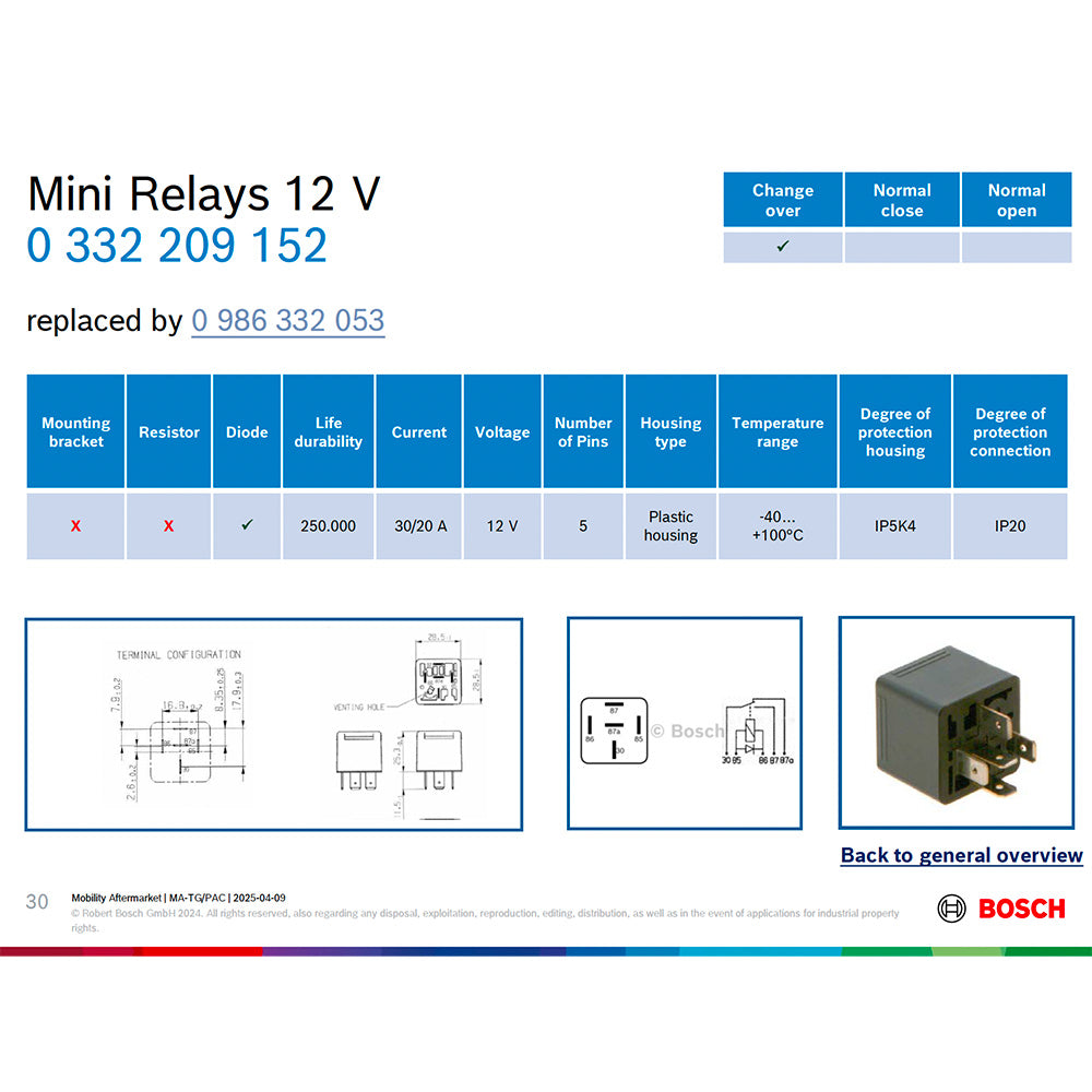 Bosch 0332209152 Change Over Mini Relay, Diode 12V 30/20A (SUPERSEDE TO 0986332053)