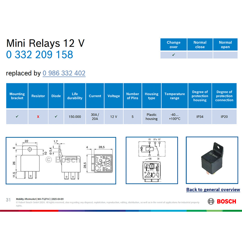 BOSCH 0332209158 Changeover Mini Relay, Diode, 5 Pins, 12 V, 20/30 A (Replace by 0986332402)