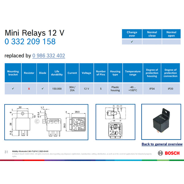 BOSCH 0332209158 Changeover Mini Relay, Diode, 5 Pins, 12 V, 20/30 A (Replace by 0986332402)