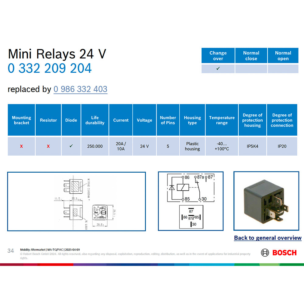 Bosch 0332209204 Changeover Mini Relay, Diode, 5 Pins, 24 V, 20/10 A (superseded by the 0986332403)