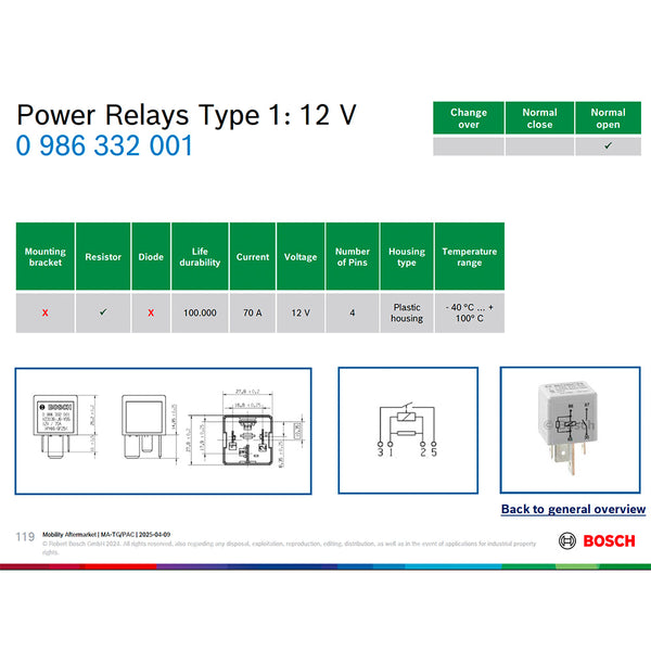 Bosch 0986332001 Normal Open Power Relay, Resistor, 12V, 70A