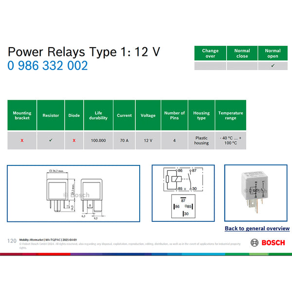 Bosch 0986332002 Normal Open Power Relay, Resistor, 12V, 70A, 4 Pins
