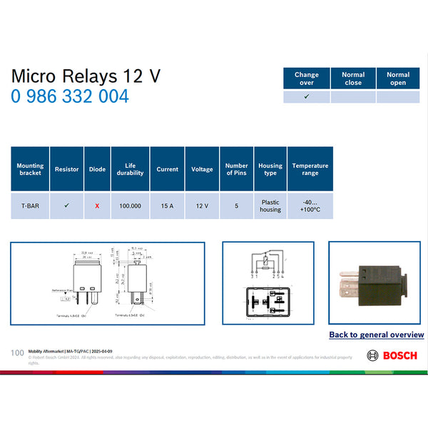 BOSCH 0986332004 Changeover Micro Relay - 5 Pins, 12V, 15A, T-Bar, Resistor