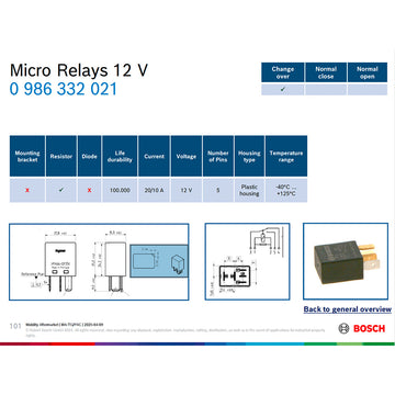 Bosch 0986332021 Change Over Micro Relay, 5 Pins, 12V, 20/10A, Resistor