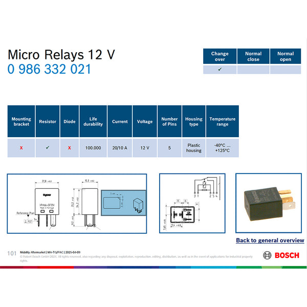Bosch 0986332021 Change Over Micro Relay, 5 Pins, 12V, 20/10A, Resistor