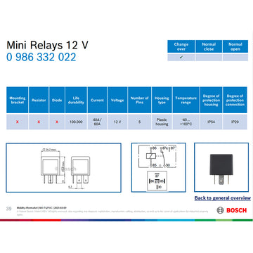 BOSCH 0986332022 Changeover Mini Relay, 5 Pins, 12 V, 40/60 A