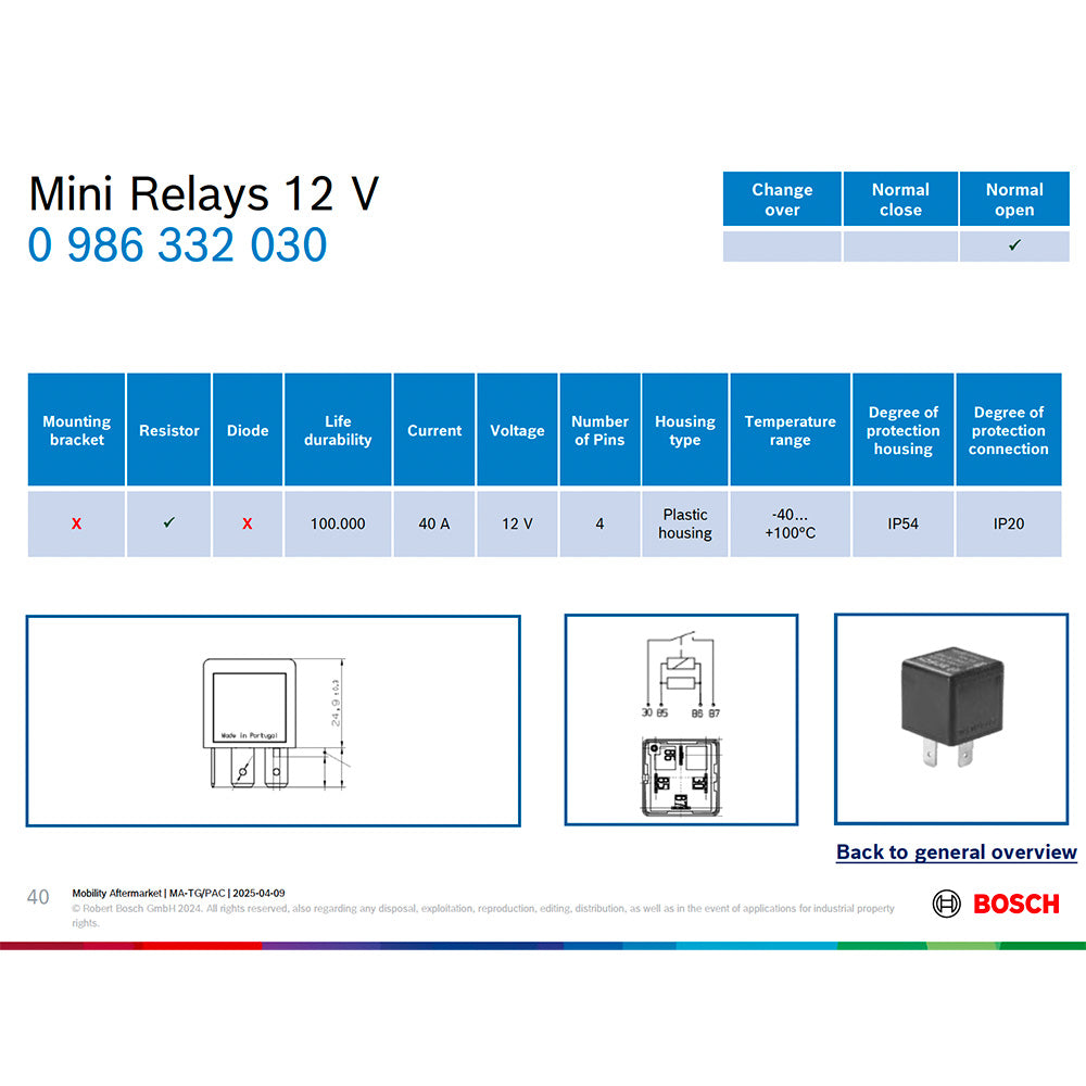 Bosch 0986332030 Normal Open Mini Relay, 4 Pins, 12V, 40A, Resistor