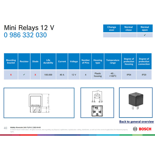 Bosch 0986332030 Normal Open Mini Relay, 4 Pins, 12V, 40A, Resistor