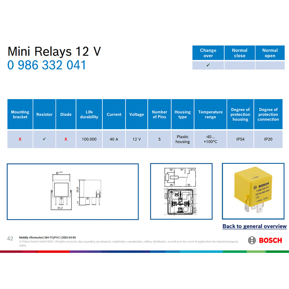BOSCH 0986332041 Changeover Mini Relay, Resistor, 5 Pins, 12 V, 40A
