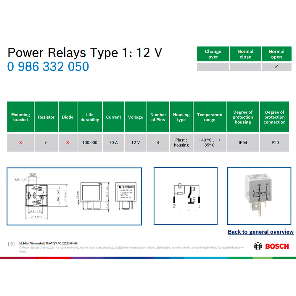 Bosch 0986332050 Normal Open Power Relay, Resistor, 12V, 70A, IP54