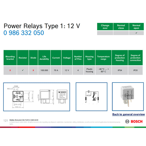 Bosch 0986332050 Normal Open Power Relay, Resistor, 12V, 70A, IP54