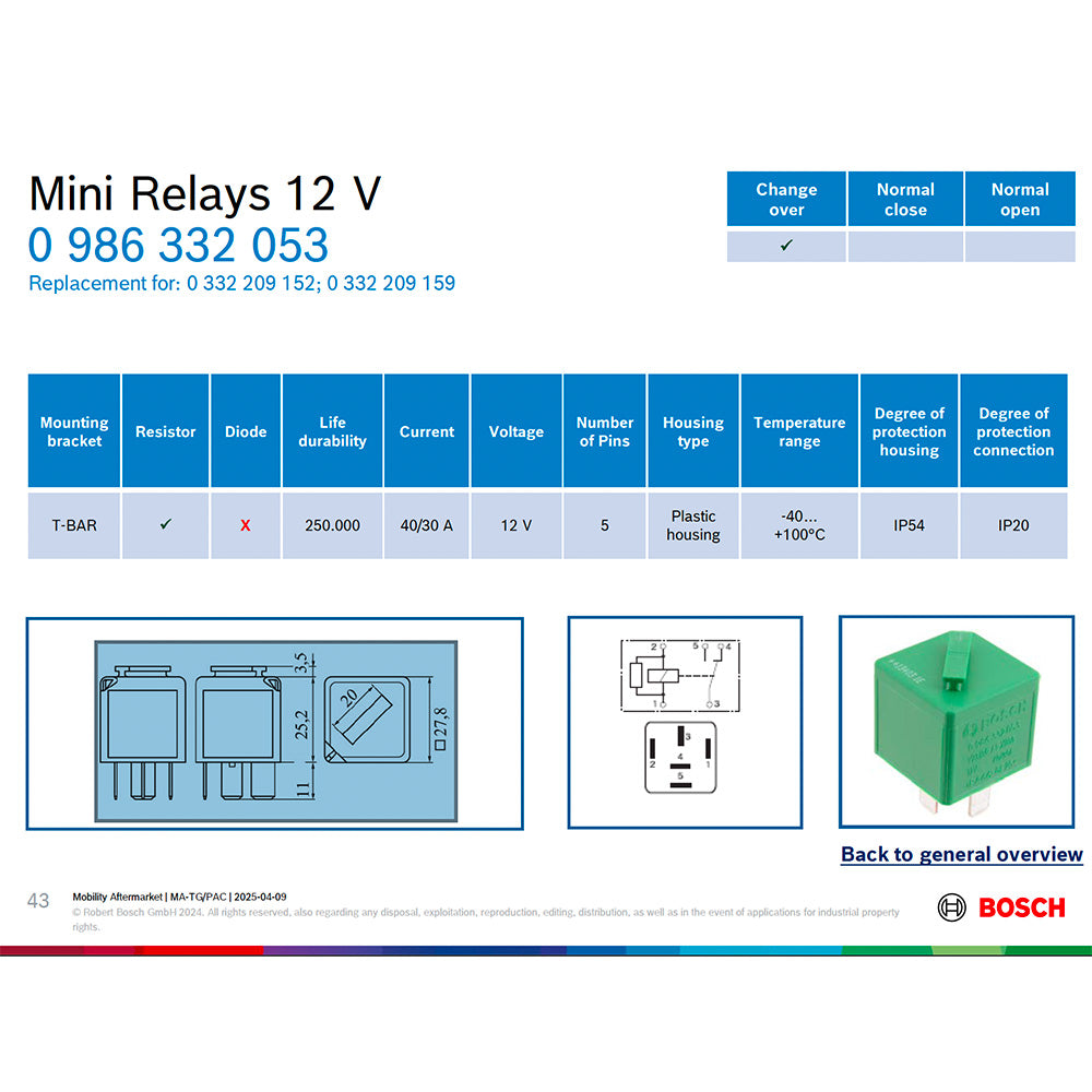 Bosch 0986332053 Changeover Mini Relay, Resistor, 5 Pins, 12 V, 40/30 A