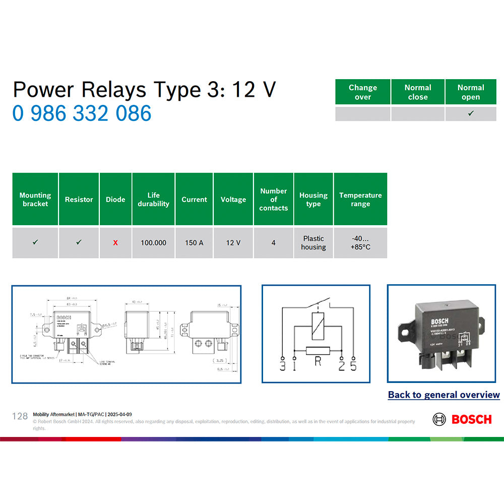 Bosch 0986332086 Normal Open Power Relay - 12 V, 150 A