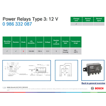 Bosch 0986332087 Changeover Power Relays - 5 Contacts, 12 V, 150 A