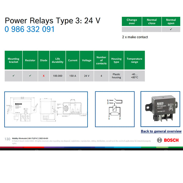 Bosch 0986332091 Normal Open Power Relay - 24 V, 150 A