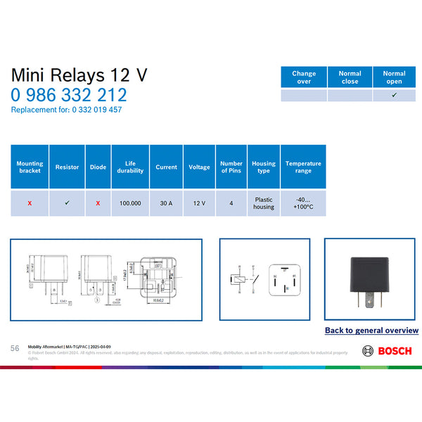 BOSCH 0986332212 Normal Open Mini Relay, Resistor, 4 Pins, 12 V, 30 A (Replaced for 0332019457)